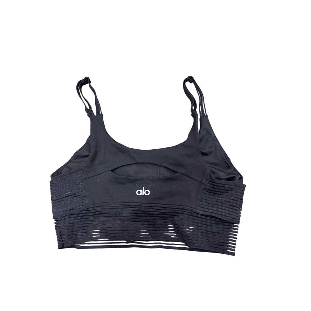 Alo Yoga Black Mesh Stripe Longline Sports Bra Double Strap XXS I01